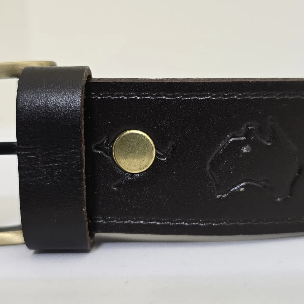 AUSTRALIA‎ belt size 36 Leather Brown Embossed Kangaroo Map Symbols Gold Buckle